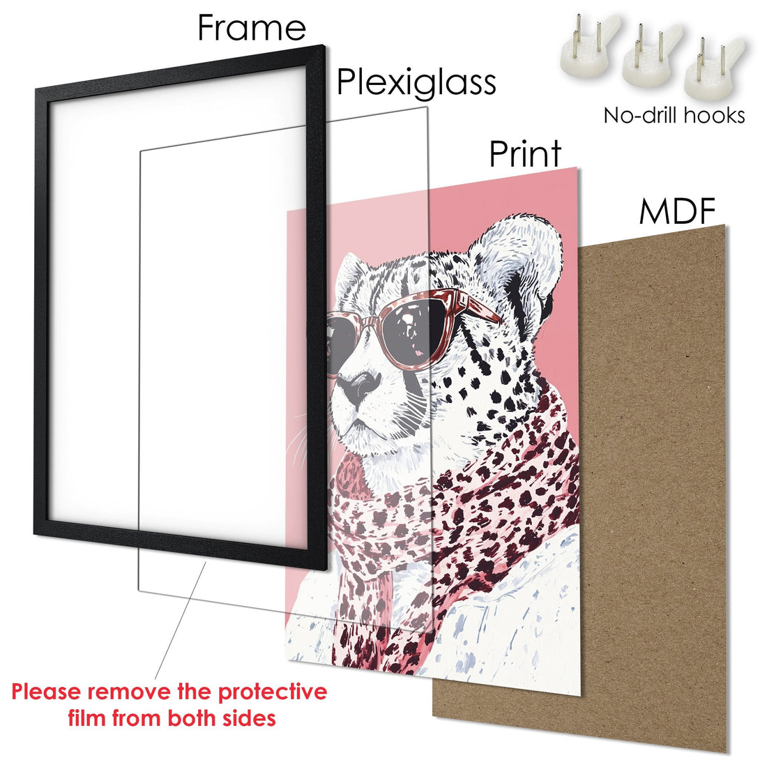 Framed Poster featuring a cool cheetah in sunglasses, with a pink and black color palette. Perfect wall art!