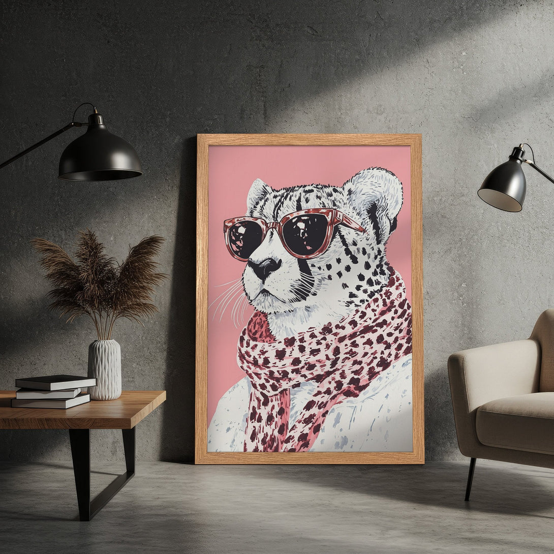 Framed Poster featuring a stylish cheetah wearing sunglasses and a scarf, with a pink and neutral color palette. Perfect wall art!