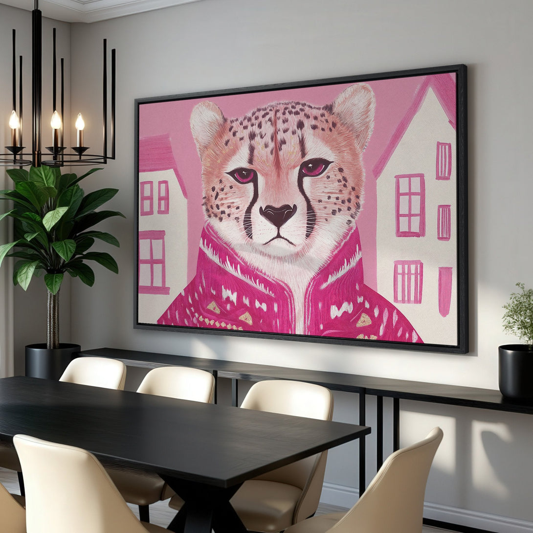 Framed Wall Art: Stylish cheetah portrait in pink and blush tones. Modern art print for your home decor. Add a pop of color!
