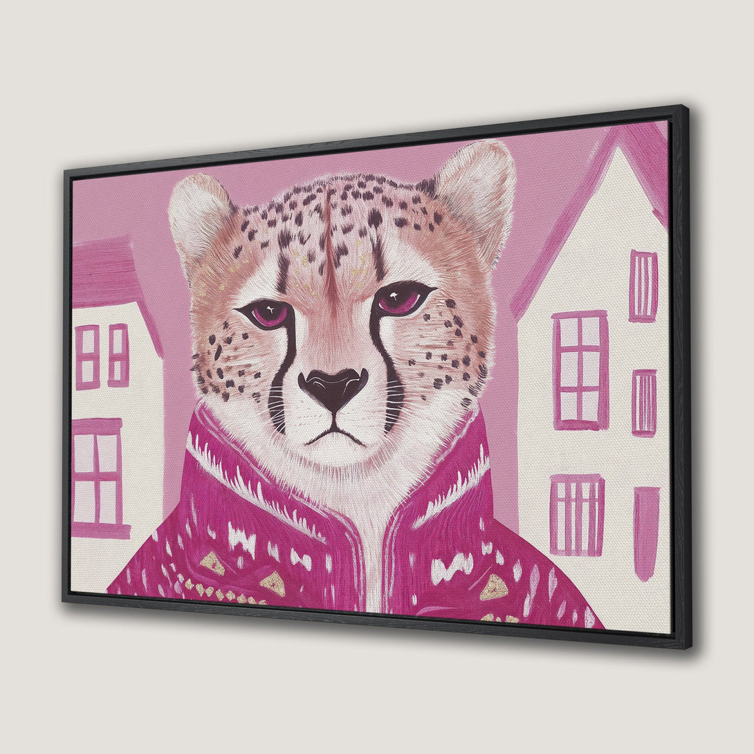 Framed Wall Art: Stylish cheetah portrait in a pink and gold palette. Modern animal art Canvas Print for a chic home decor upgrade.