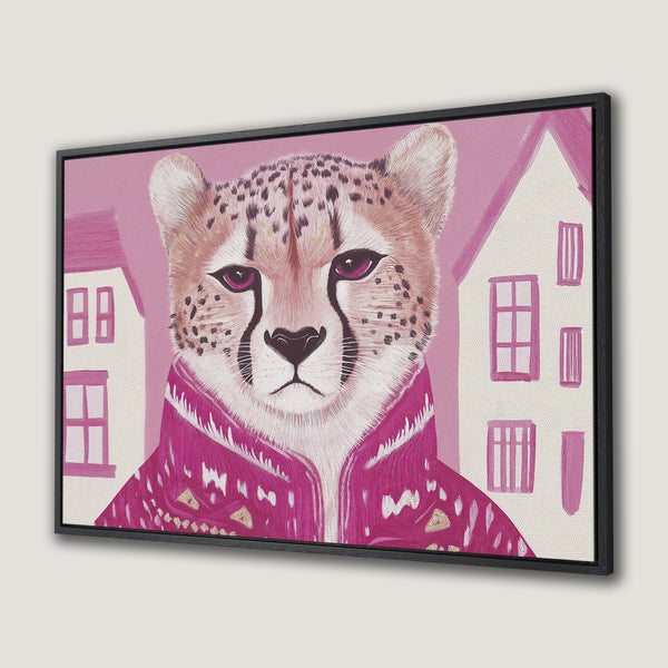 Framed Wall Art: Stylish cheetah portrait in a pink and gold palette. Modern animal art Canvas Print for a chic home decor upgrade.