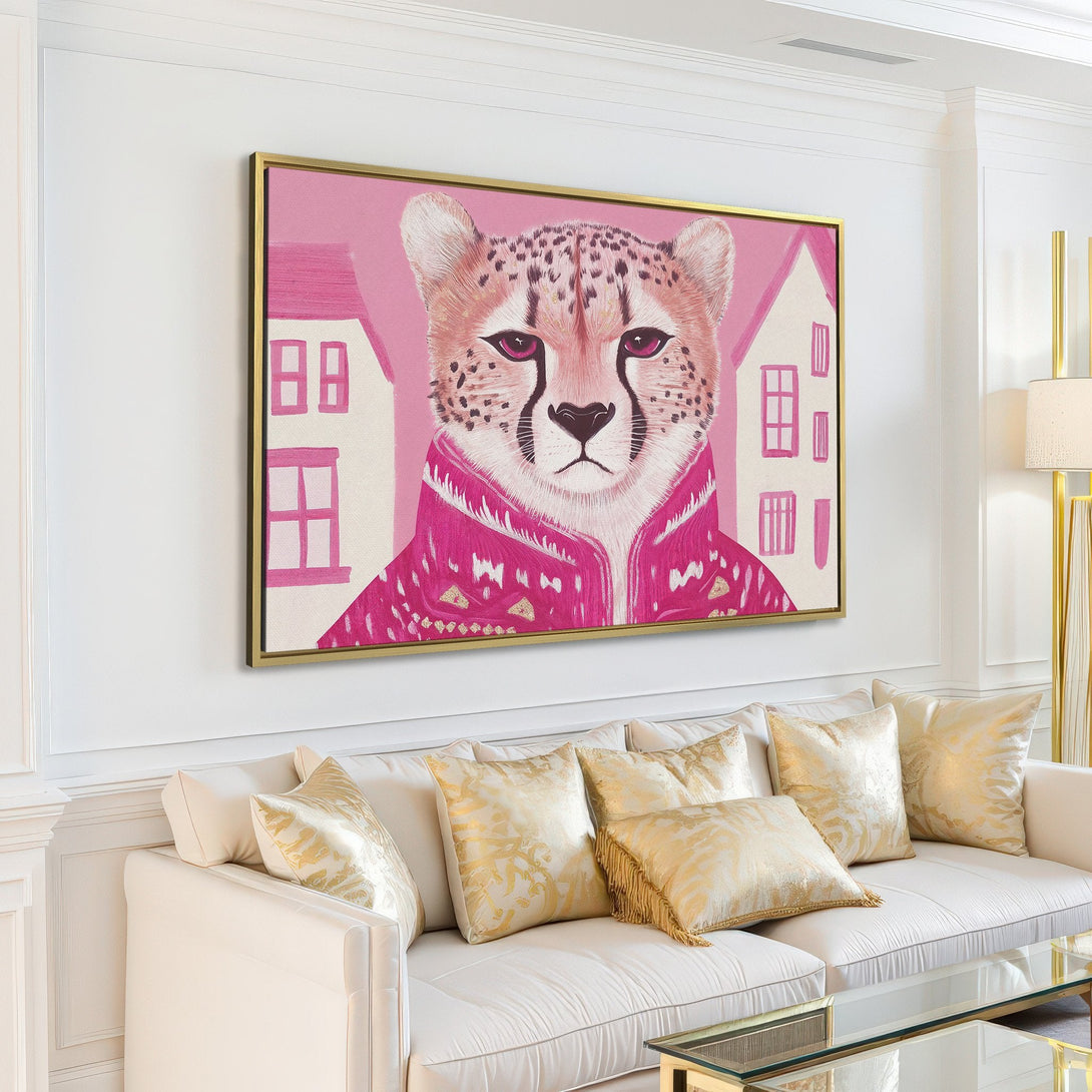 Canvas Print of a stylish cheetah portrait in pink and white, adding a touch of modern art to your living room decor.