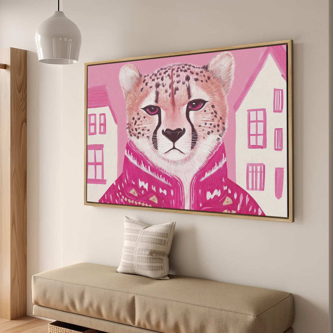Framed Wall Art: Stylish cheetah portrait in pink and peach tones. Add a pop of color and personality to your space! Shop now!