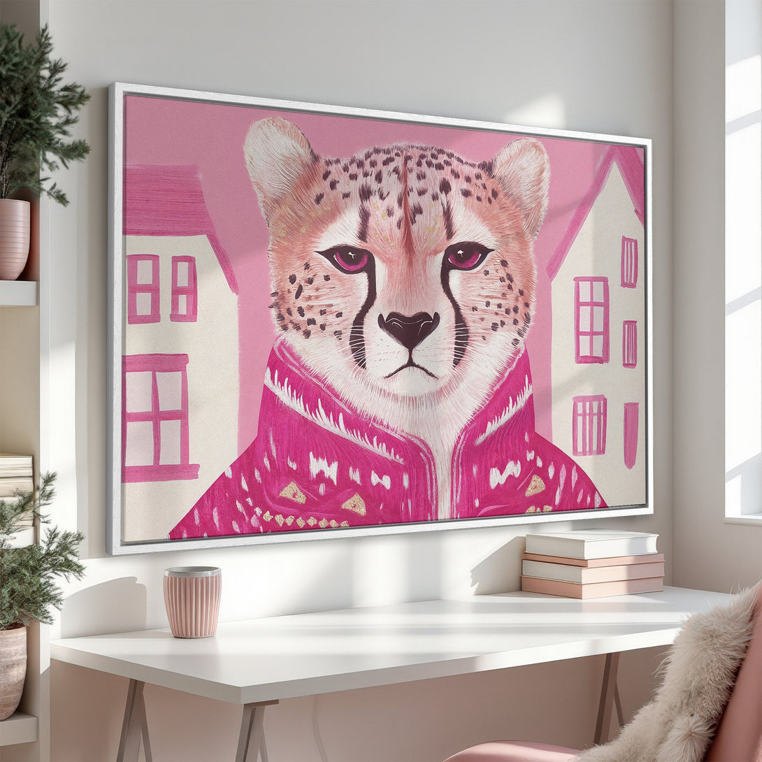 Framed Wall Art: Stylish cheetah portrait in pink hues. Perfect for adding a touch of modern art to your home decor. Shop now!
