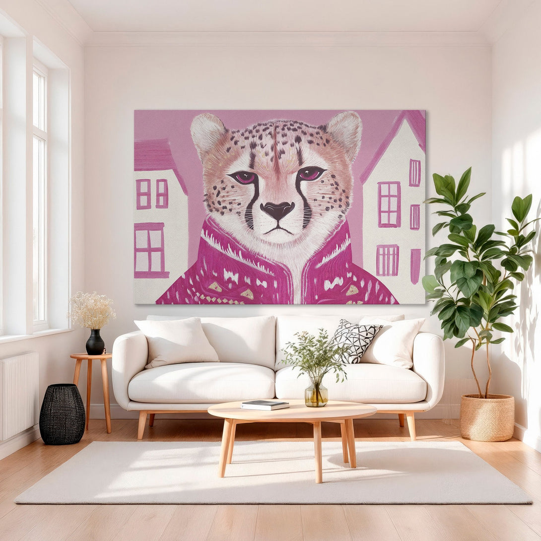 Framed Wall Art: Whimsical cheetah portrait in pink & gold palette. Stylish Canvas Print adds a pop of color to any room. Shop now for unique wall decor!