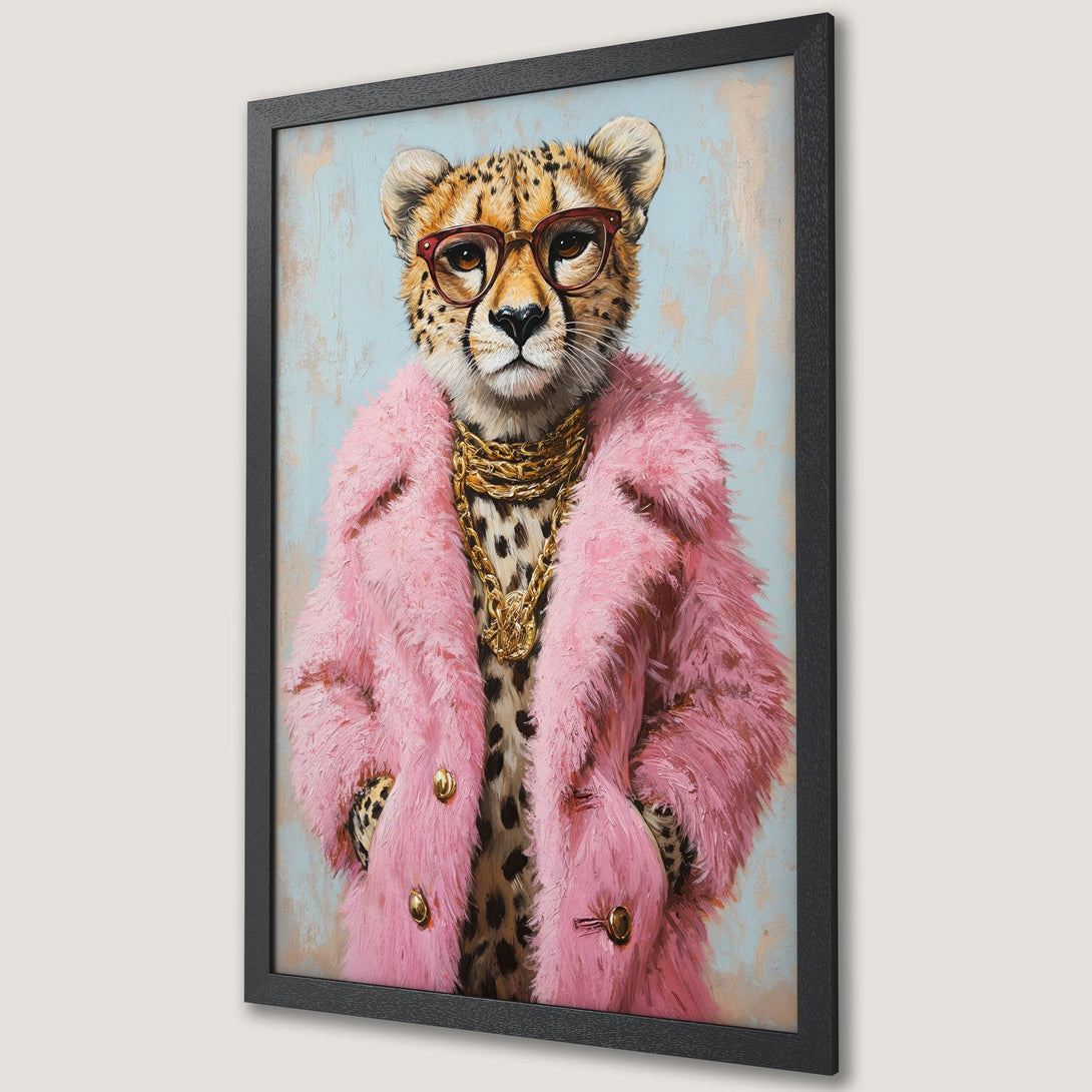 Framed Poster featuring a stylish cheetah in a pink coat, with a pastel blue and pink color palette. Perfect wall art!