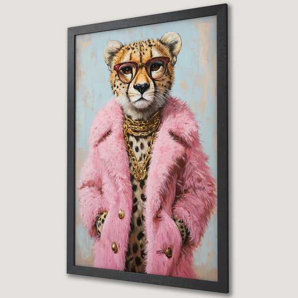 Framed Poster featuring a stylish cheetah in a pink coat, with a pastel blue and pink color palette. Perfect wall art!