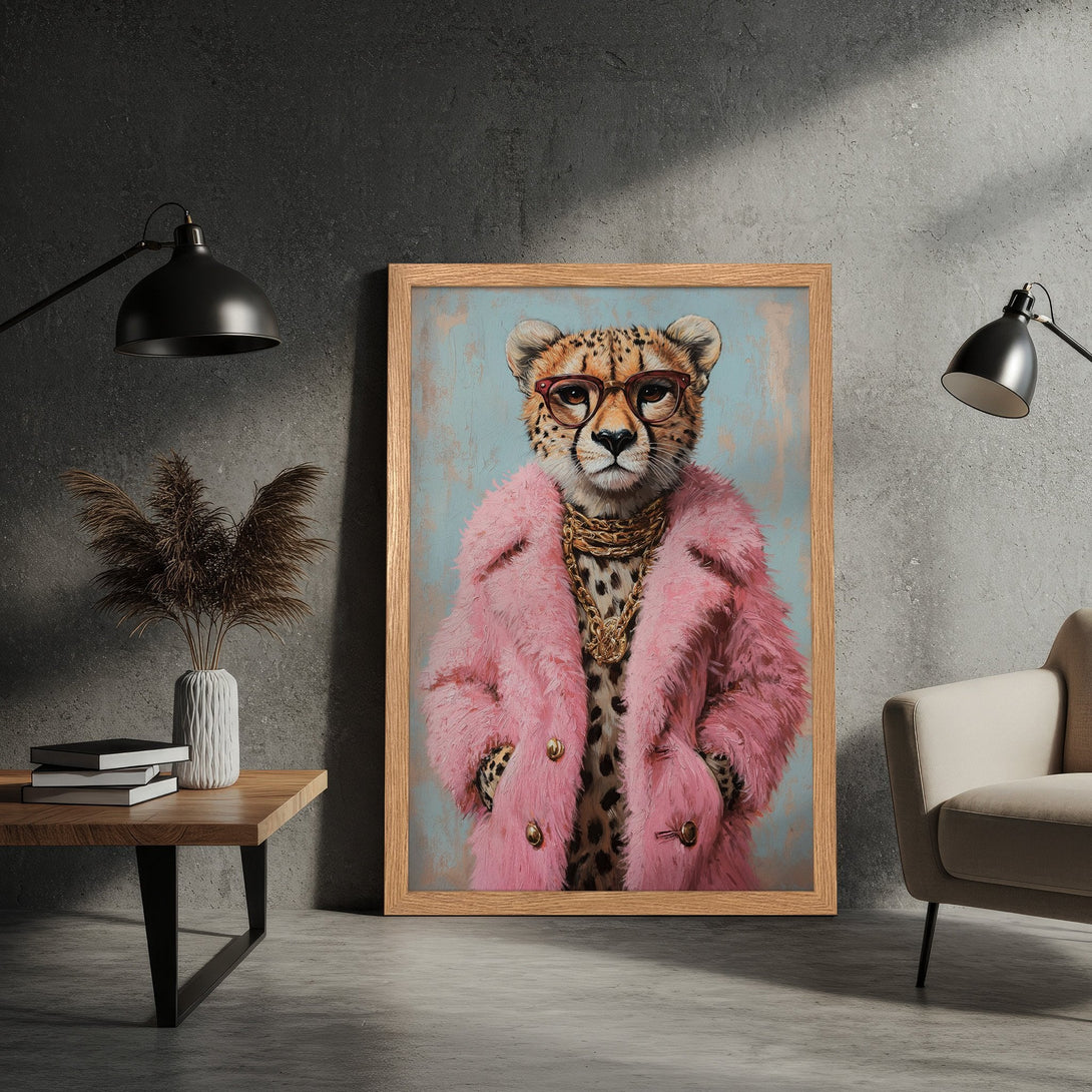 Framed Poster featuring a cheetah in a pink coat. Stylish, modern art with a pastel color palette. Perfect wall decor.
