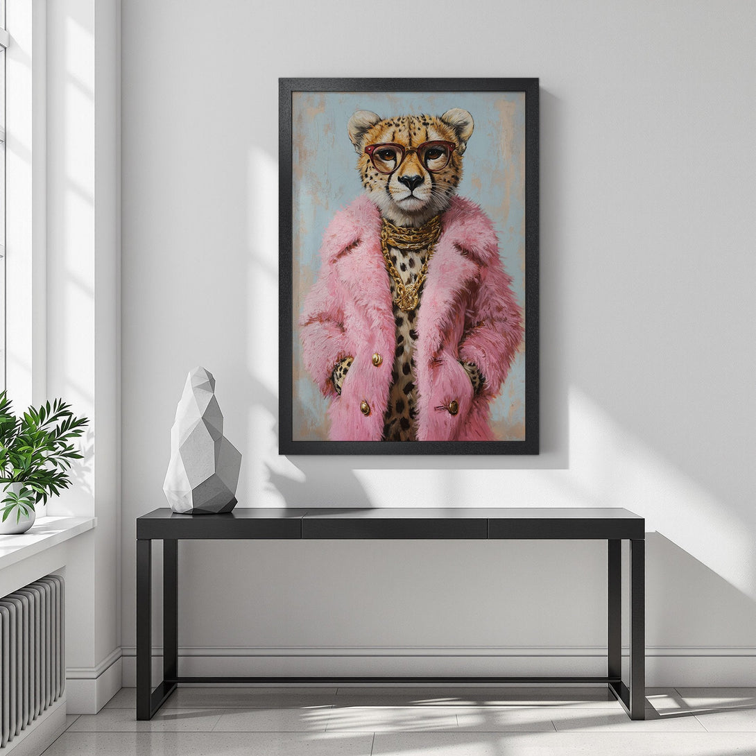 Framed Poster featuring a cheetah in a pink coat, stylish art print. Pastel blue and pink color palette, perfect wall decor.