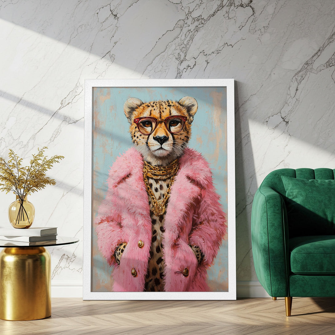 Framed Poster featuring a cheetah in a pink coat, stylish art print. Pastel color palette, perfect wall decor.