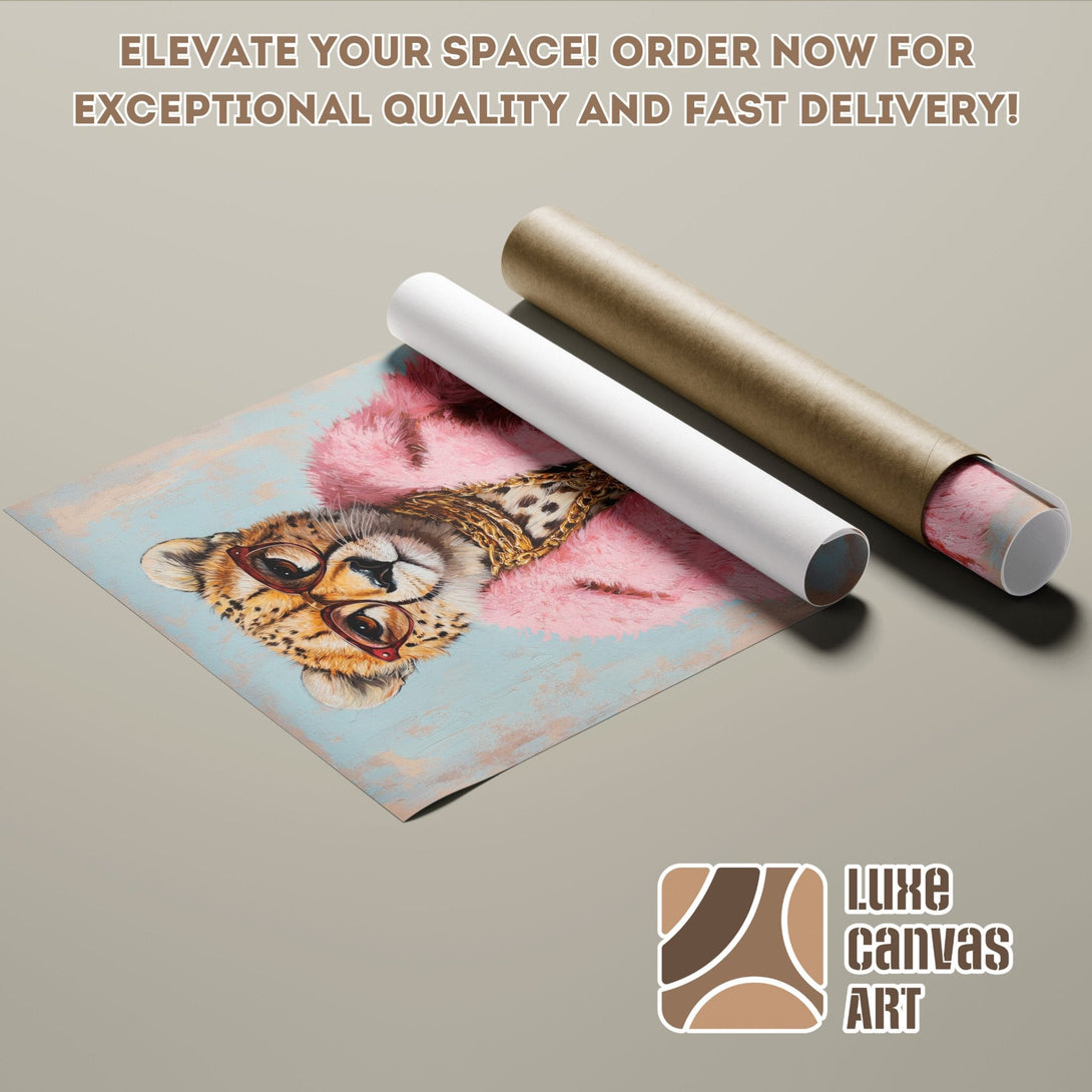 Poster Roll featuring a stylish cheetah with glasses, in a soft blue and pink palette. Elevate your space with Luxe Canvas Art!