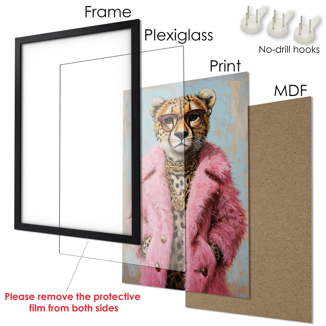 Framed Poster featuring a stylish cheetah in a pink coat, art print with a cool, modern vibe. Color palette: pink, gold, and blue.