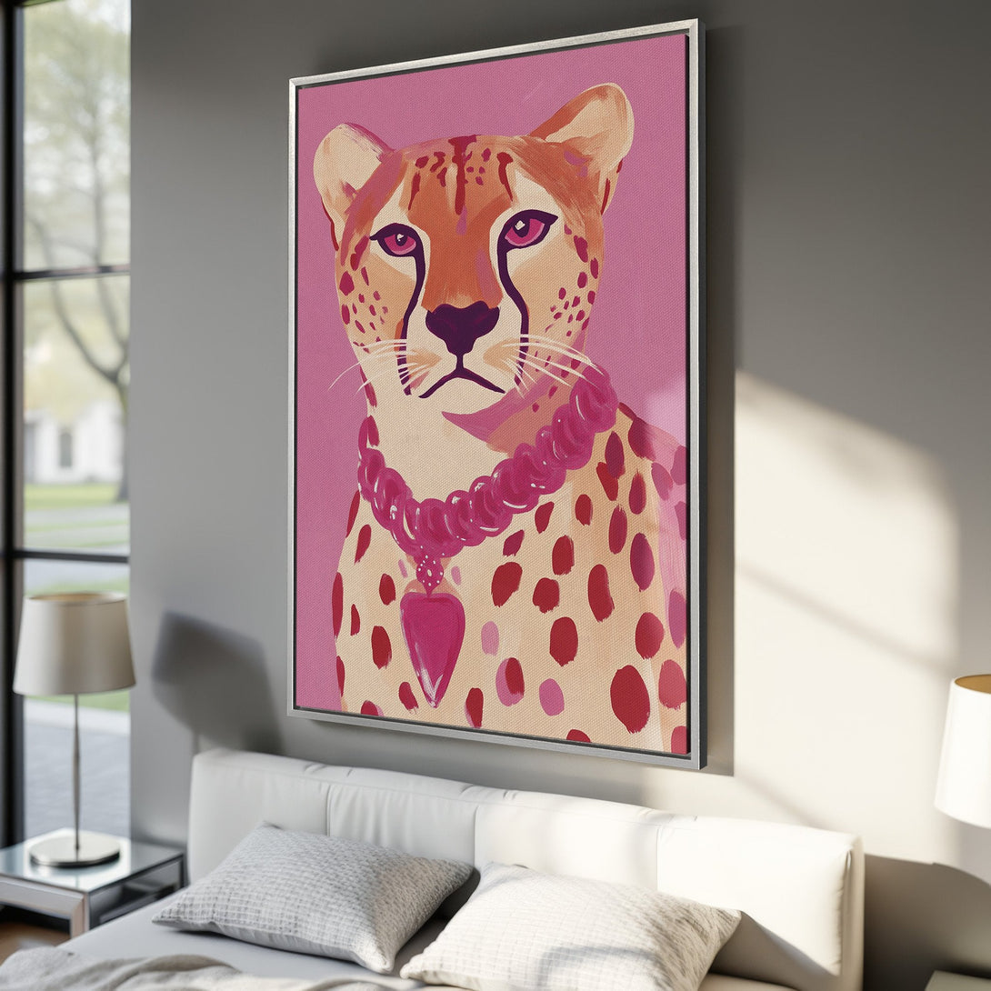 Framed Wall Art featuring a stylish cheetah portrait in pink and orange hues. Modern, colorful canvas print perfect for adding a pop of art to any room.