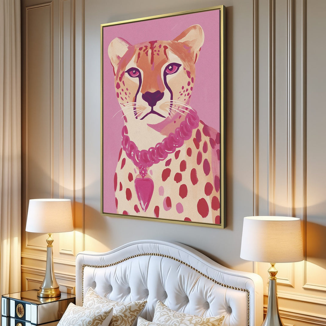 Canvas Print of a stylish cheetah with a pink palette, perfect for adding a touch of modern art to your living room.