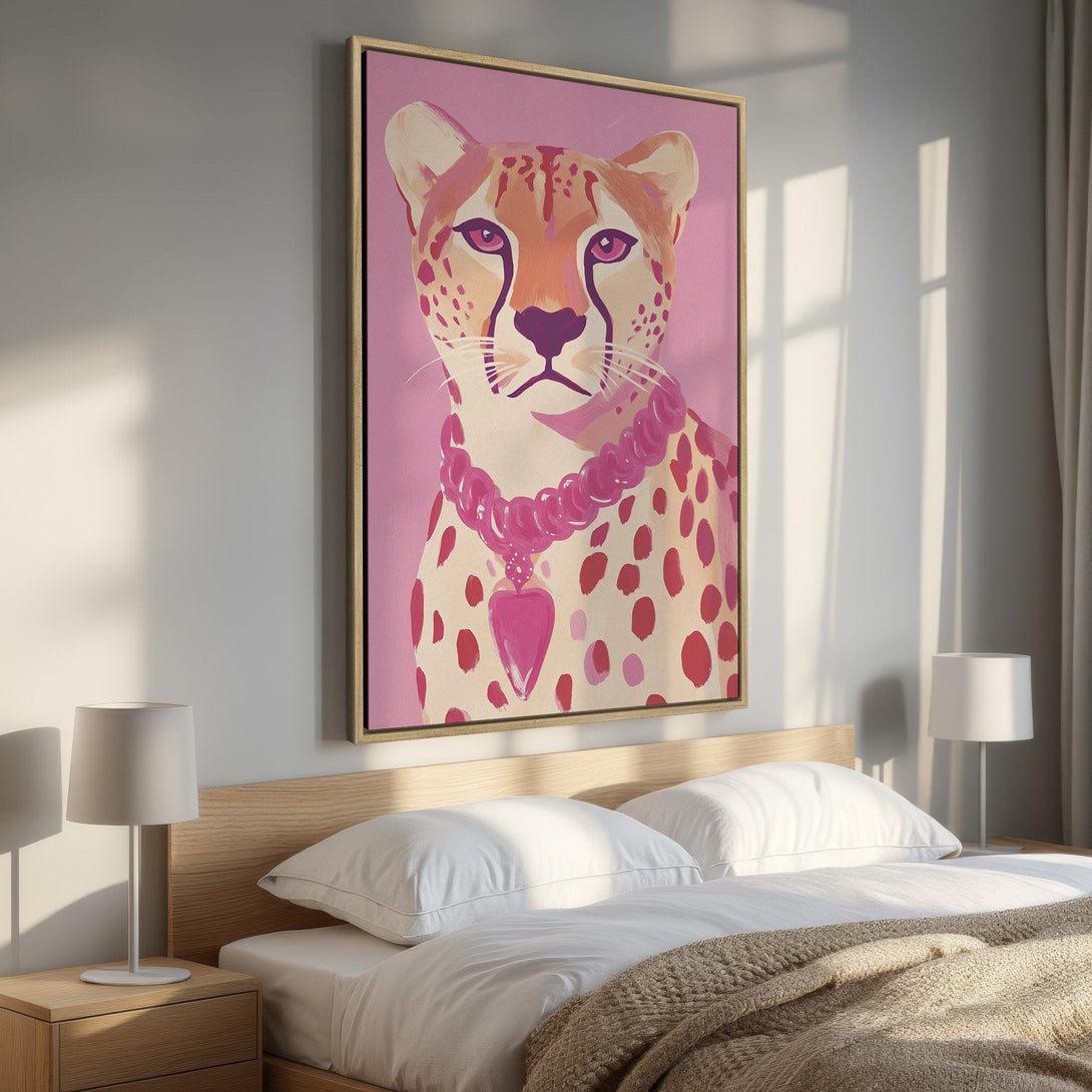 Framed Wall Art of a stylish cheetah in pink hues. Modern, playful art for your bedroom. Add a touch of chic to your space!