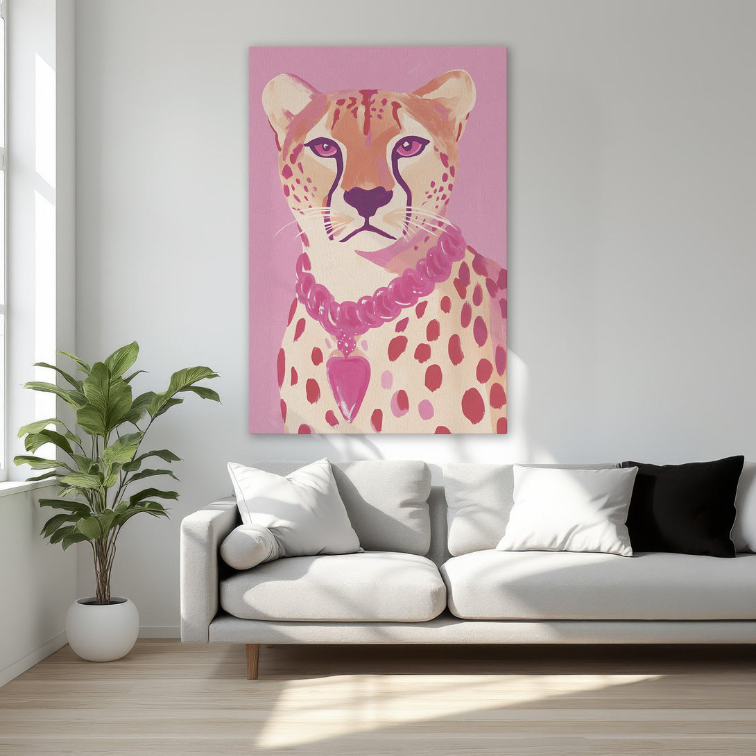 Framed Wall Art: Playful cheetah portrait in pink & peach tones. Modern art for bedroom decor. Add a touch of whimsy to your space!