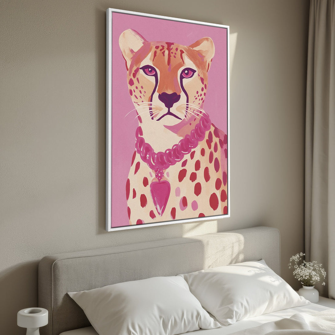 Framed Wall Art: Chic cheetah portrait in pink & orange. Modern, stylish canvas print adds a pop of color to any room. Perfect for bedroom decor.