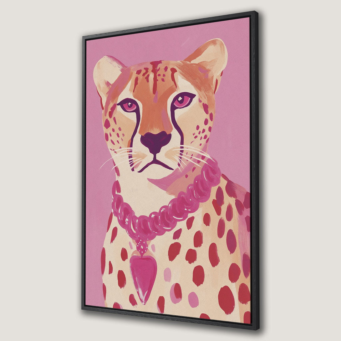 Framed Wall Art: Playful cheetah portrait in pink and peach tones. Modern, stylish Canvas Print for a pop of color and personality. Shop now!
