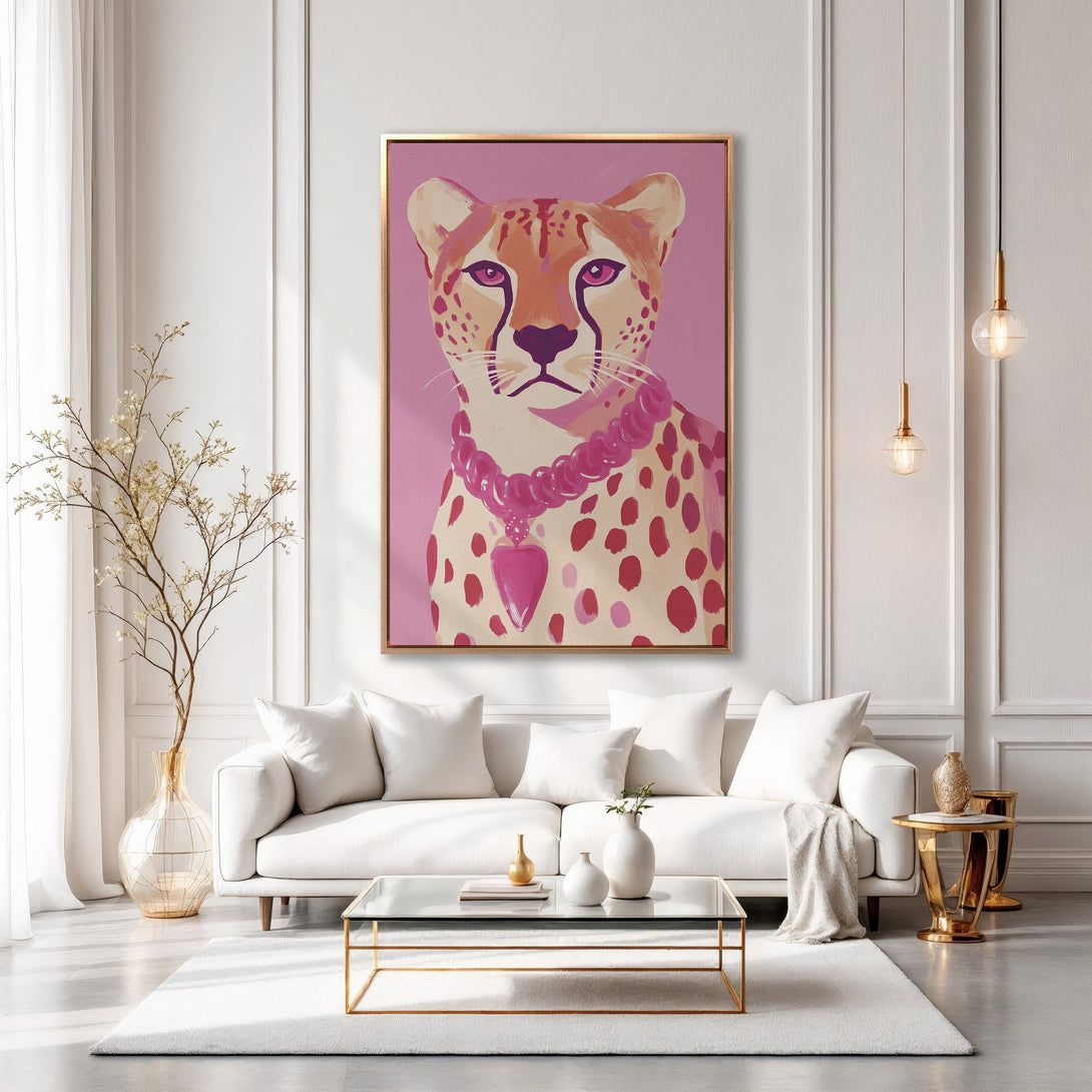 Framed Wall Art: Chic cheetah portrait in pink & gold tones, perfect for modern home decor. Adds a touch of glam to any living room. Shop now!