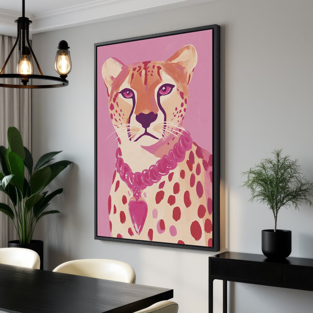 Framed Wall Art: Playful cheetah portrait in pink & red tones. Modern, colorful canvas print adds a stylish touch to any room. Shop now for unique wall decor!