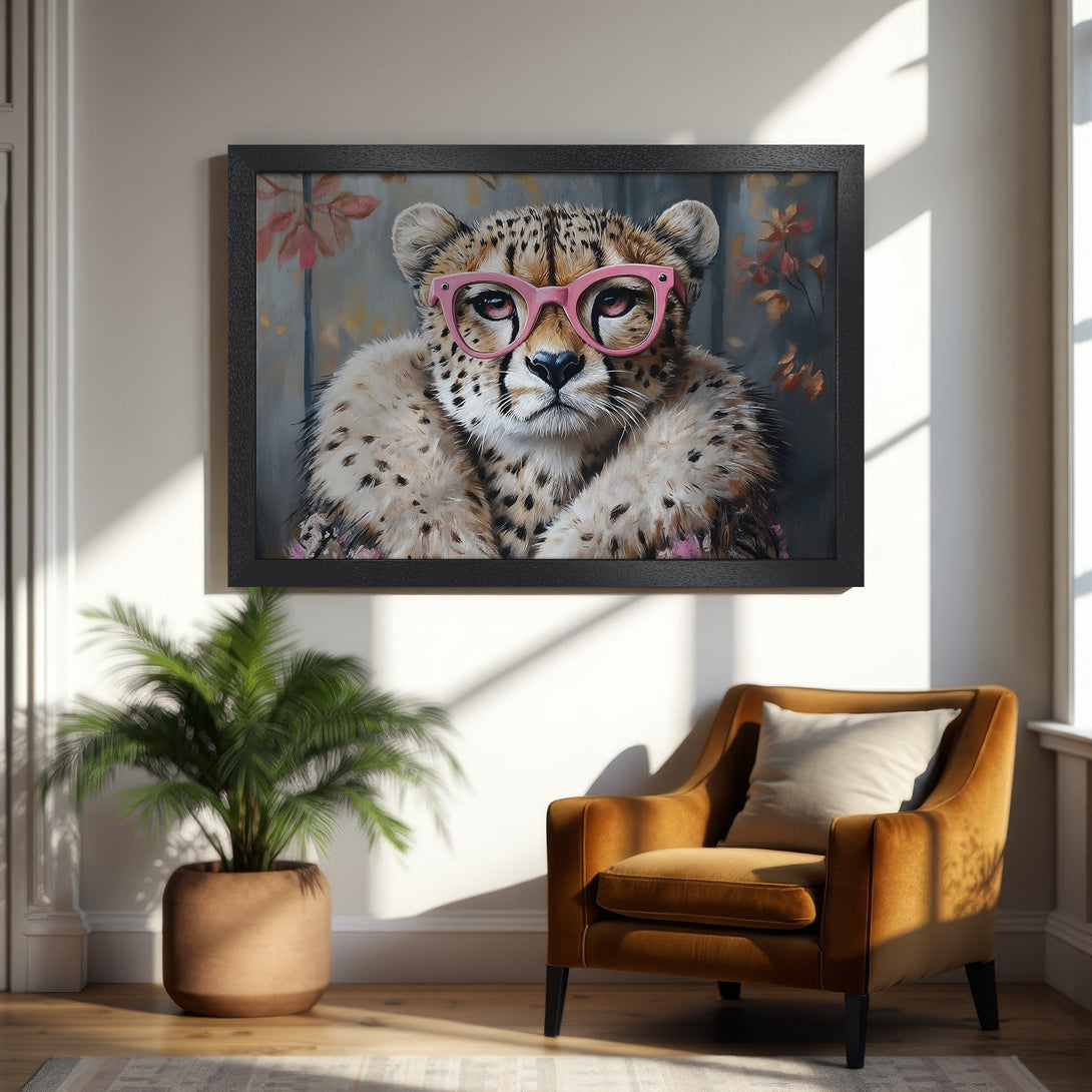 Framed Poster featuring a cheetah wearing pink glasses. Whimsical art in warm tones. Perfect wall decor for a stylish space.