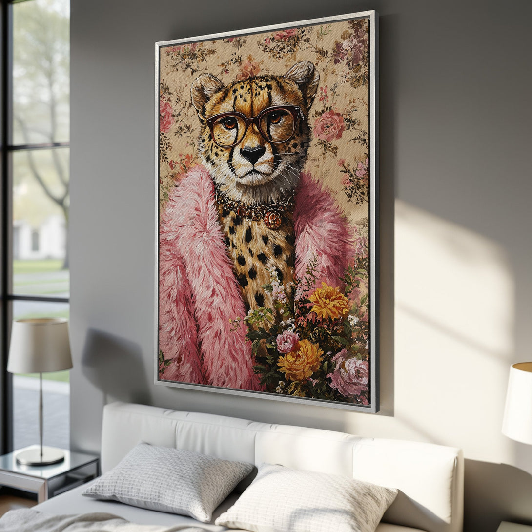 Framed Wall Art: Stylish cheetah portrait with glasses, pink fur, and floral background. Warm, vintage color palette. Perfect for adding personality to your space!