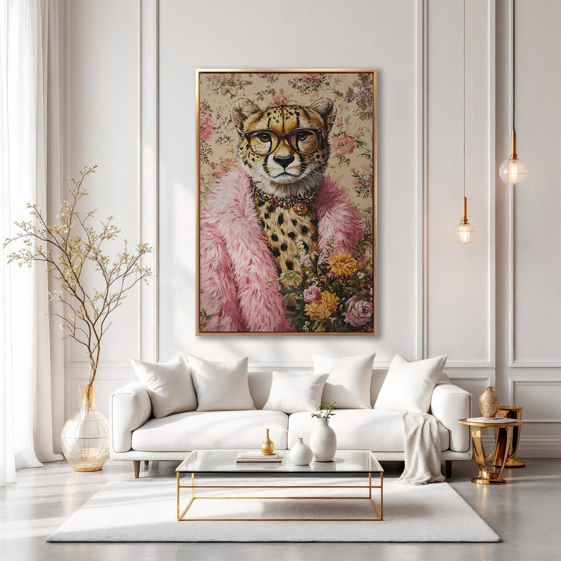 Framed Wall Art: Stylish cheetah portrait in a pink fur coat. Modern, elegant decor with a floral background and gold accents. Perfect for a chic living room.