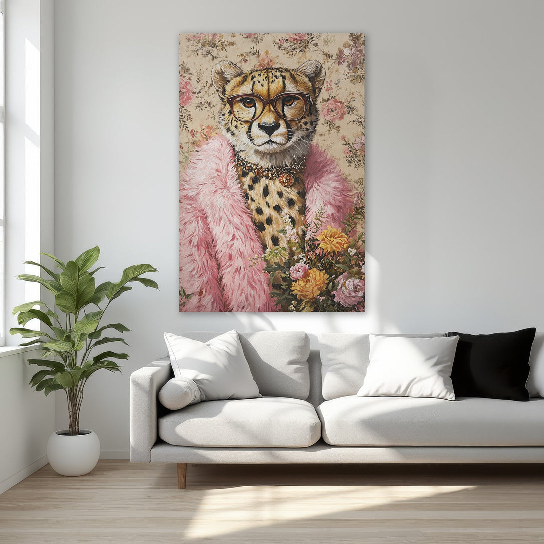 Framed Wall Art: Stylish cheetah portrait in a pink and floral palette. Add a touch of whimsy with this unique Canvas Print for your home!