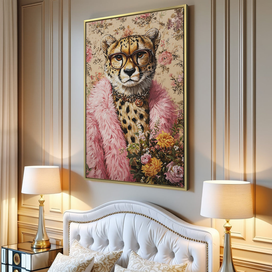Canvas Print: Stylish cheetah portrait with pink accents. Vintage-inspired artwork with a floral background, perfect for adding flair to any room.