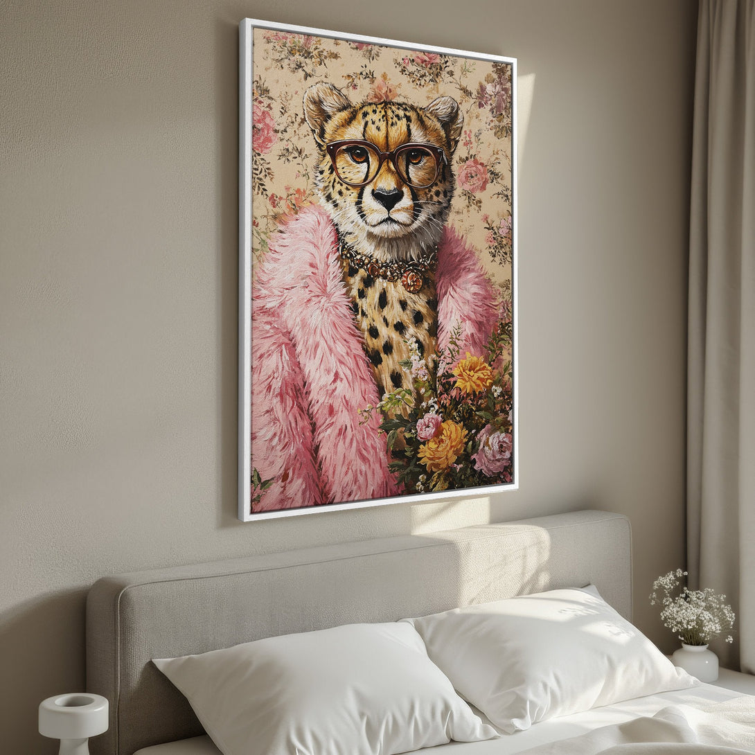 Framed Wall Art featuring a stylish cheetah in pink, floral background. Perfect for adding a touch of whimsy and color to your home decor.
