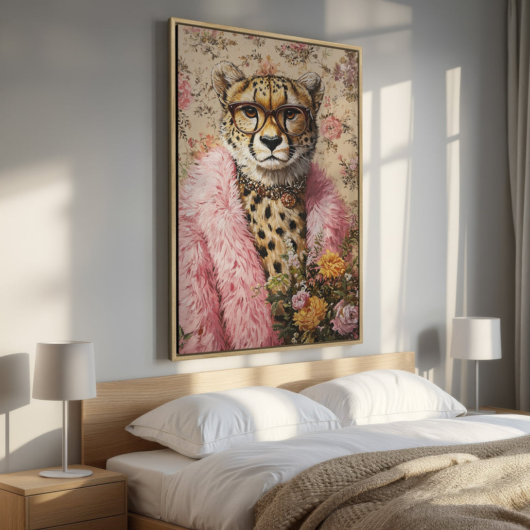 Framed Wall Art: Stylish cheetah portrait in pink and gold, perfect for adding a touch of whimsy to any room. Modern art for your bedroom decor.