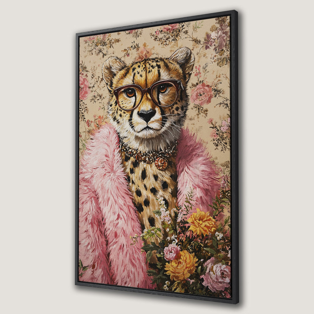 Framed Wall Art of a cheetah wearing glasses and a pink fur coat, vintage floral background. Warm color palette. Unique & stylish home decor.