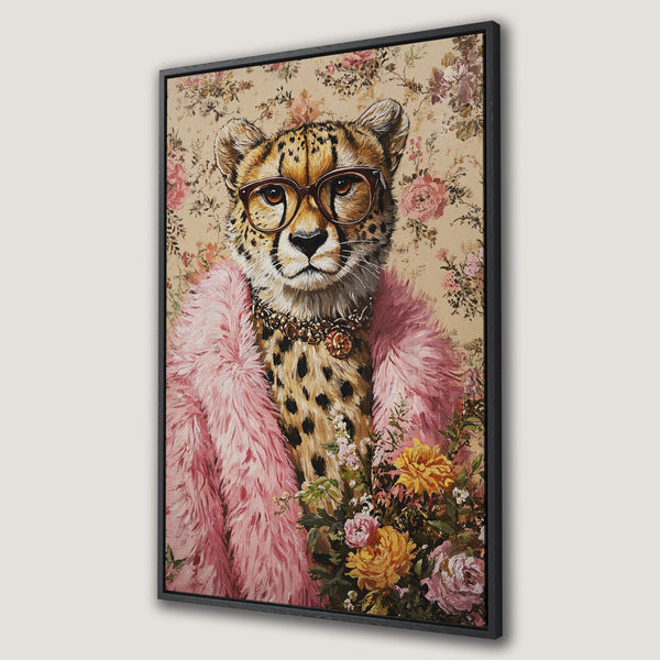 Framed Wall Art of a cheetah wearing glasses and a pink fur coat, vintage floral background. Warm color palette. Unique & stylish home decor.
