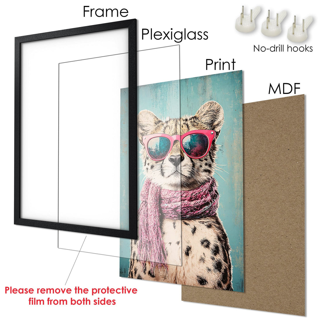 Framed Poster featuring a cool cheetah wearing sunglasses and a scarf. Artistic style with a teal, pink, and neutral color palette.