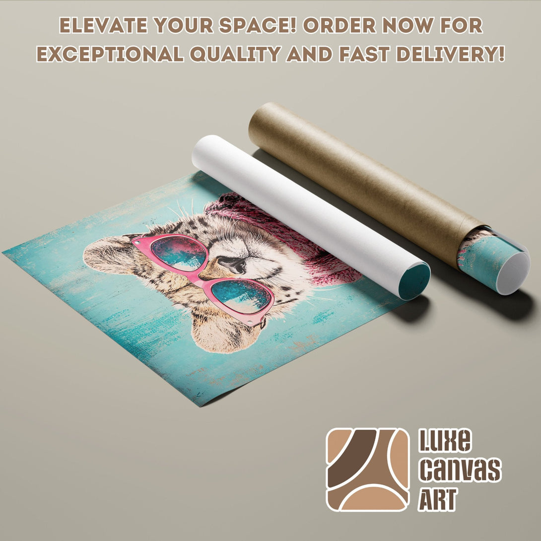 Poster Roll featuring a cheetah with sunglasses, turquoise and pink color palette.