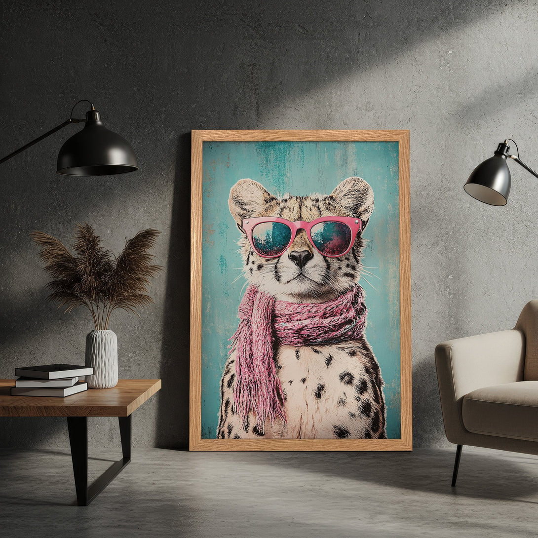 Framed Poster featuring a cheetah wearing sunglasses and scarf, vibrant teal and pink color palette, perfect for modern decor.