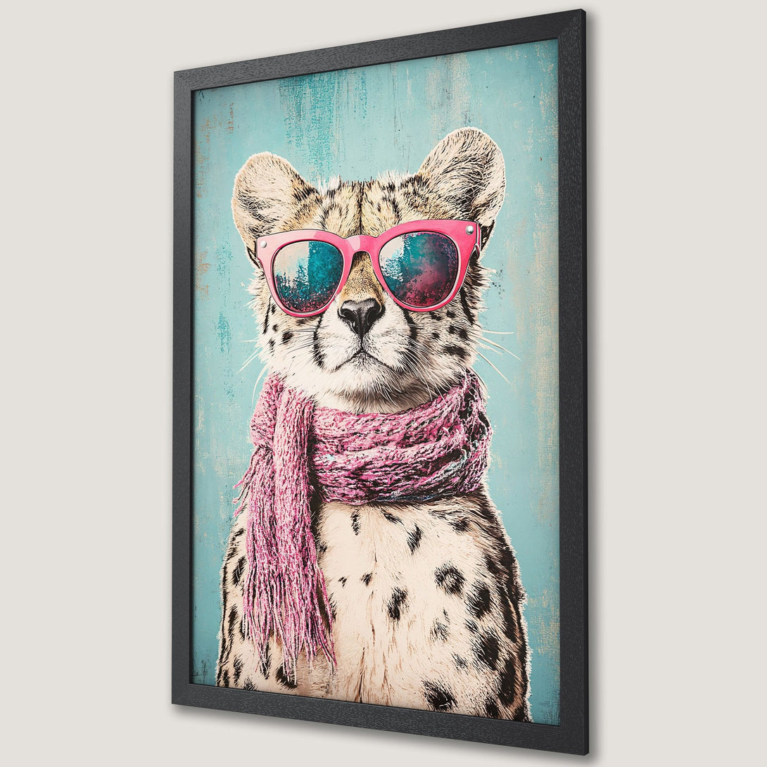 Framed Poster featuring a stylish cheetah in pink sunglasses and scarf. Whimsical art with a blue and pink color palette. Perfect wall decor!