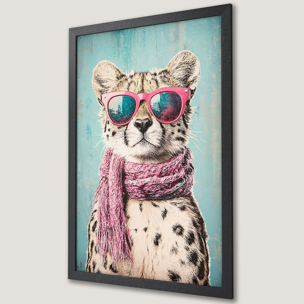 Framed Poster featuring a stylish cheetah in pink sunglasses and scarf. Whimsical art with a blue and pink color palette. Perfect wall decor!
