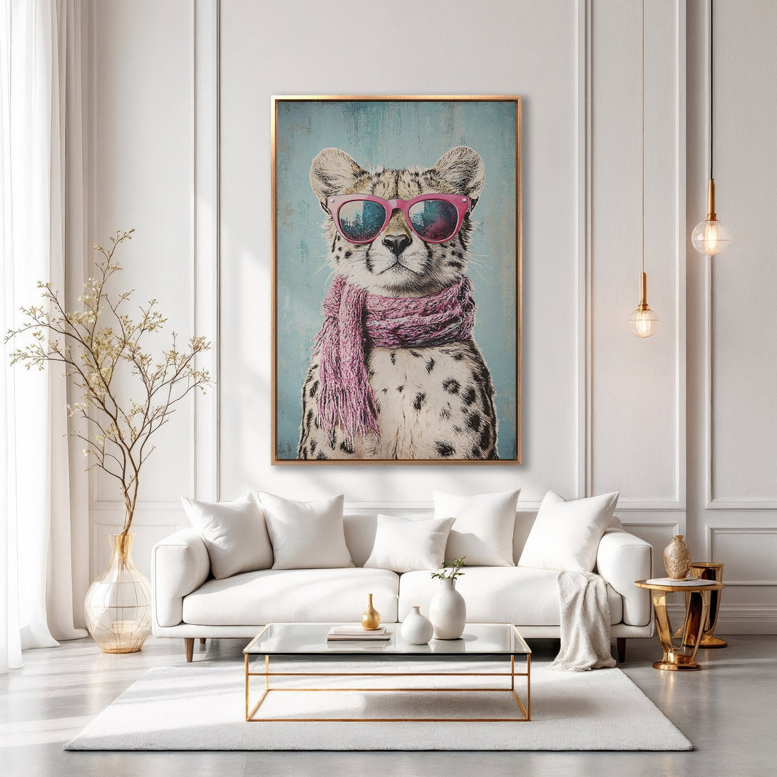 Framed Wall Art: Stylish cheetah print in pink & blue. Modern Canvas Print adds a touch of whimsy to any interior. Shop now for unique wall decor!
