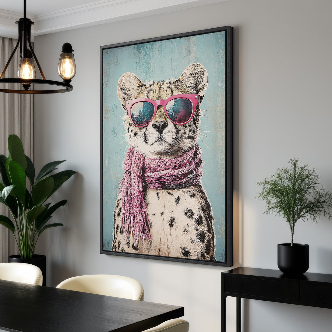 Framed Wall Art: Hip cheetah wearing sunglasses and scarf. Modern decor with a cool blue, pink, and neutral palette. Add personality to your space!