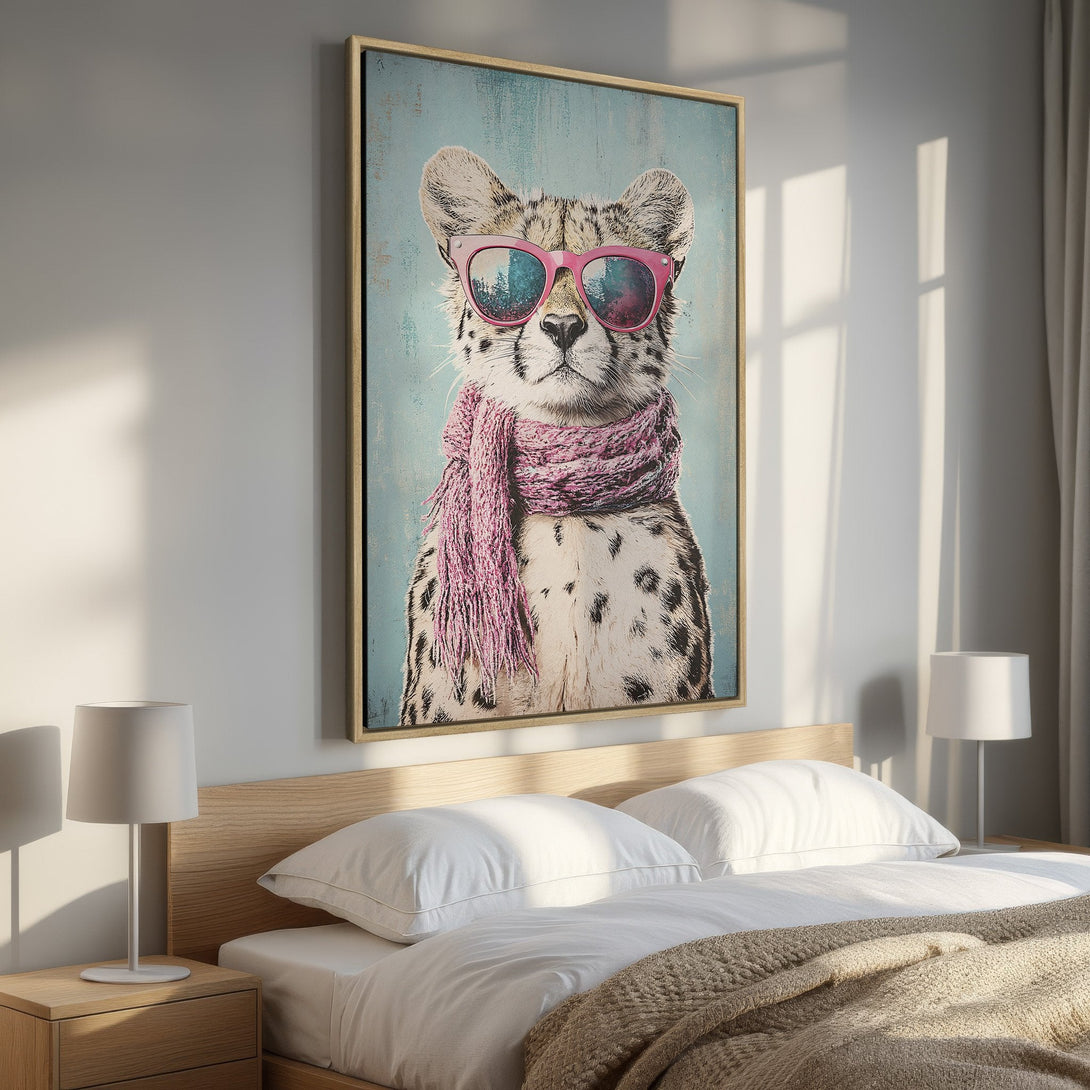 Framed Wall Art: Cool cheetah portrait with pink sunglasses & scarf. Fun animal art in a bedroom, featuring a blue & pink color palette. Modern wall decor.