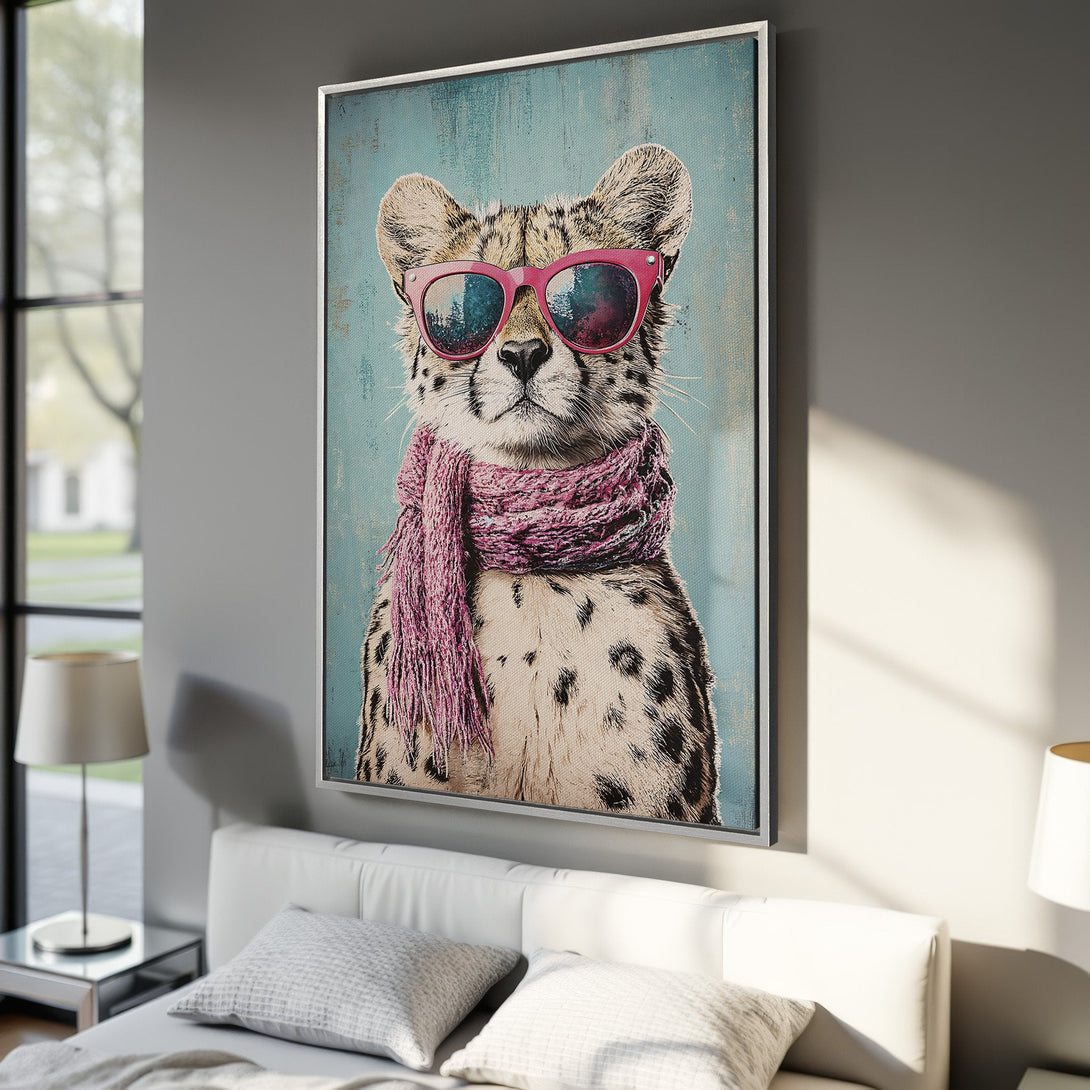 Framed Wall Art: Cool cheetah wearing sunglasses and scarf. Fun, modern art with a blue, pink, and neutral color palette. Perfect for a stylish interior.