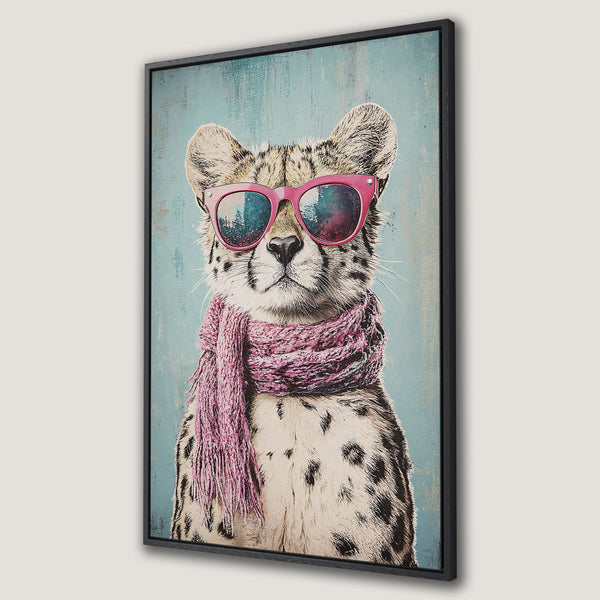 Framed Wall Art: Hipster cheetah portrait with pink sunglasses and scarf. Pop art style with a blue, pink, and neutral color palette. Add a touch of fun to your decor!