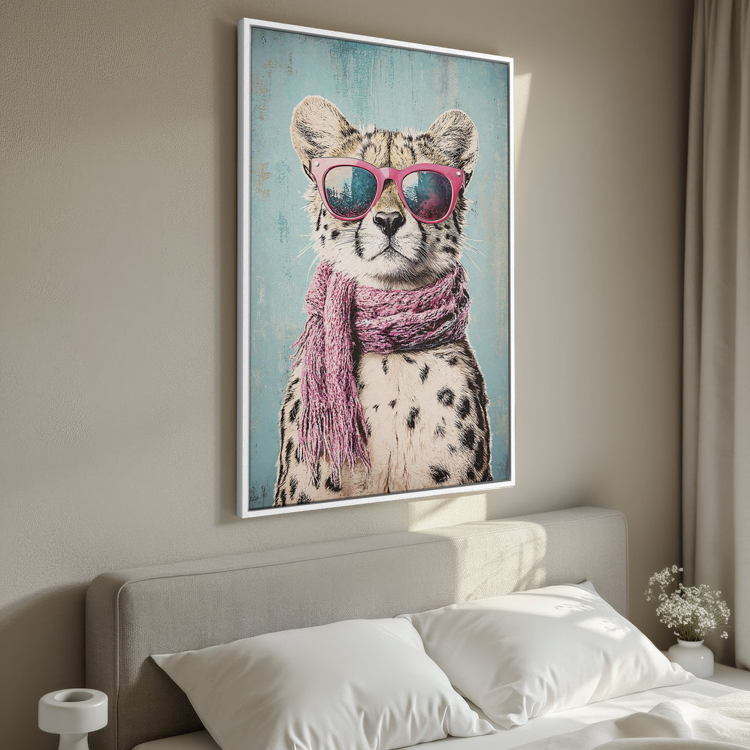 Framed Wall Art: Cool cheetah in pink sunglasses and scarf, whimsical art with a teal and pink color palette. Perfect for a stylish home decor upgrade.