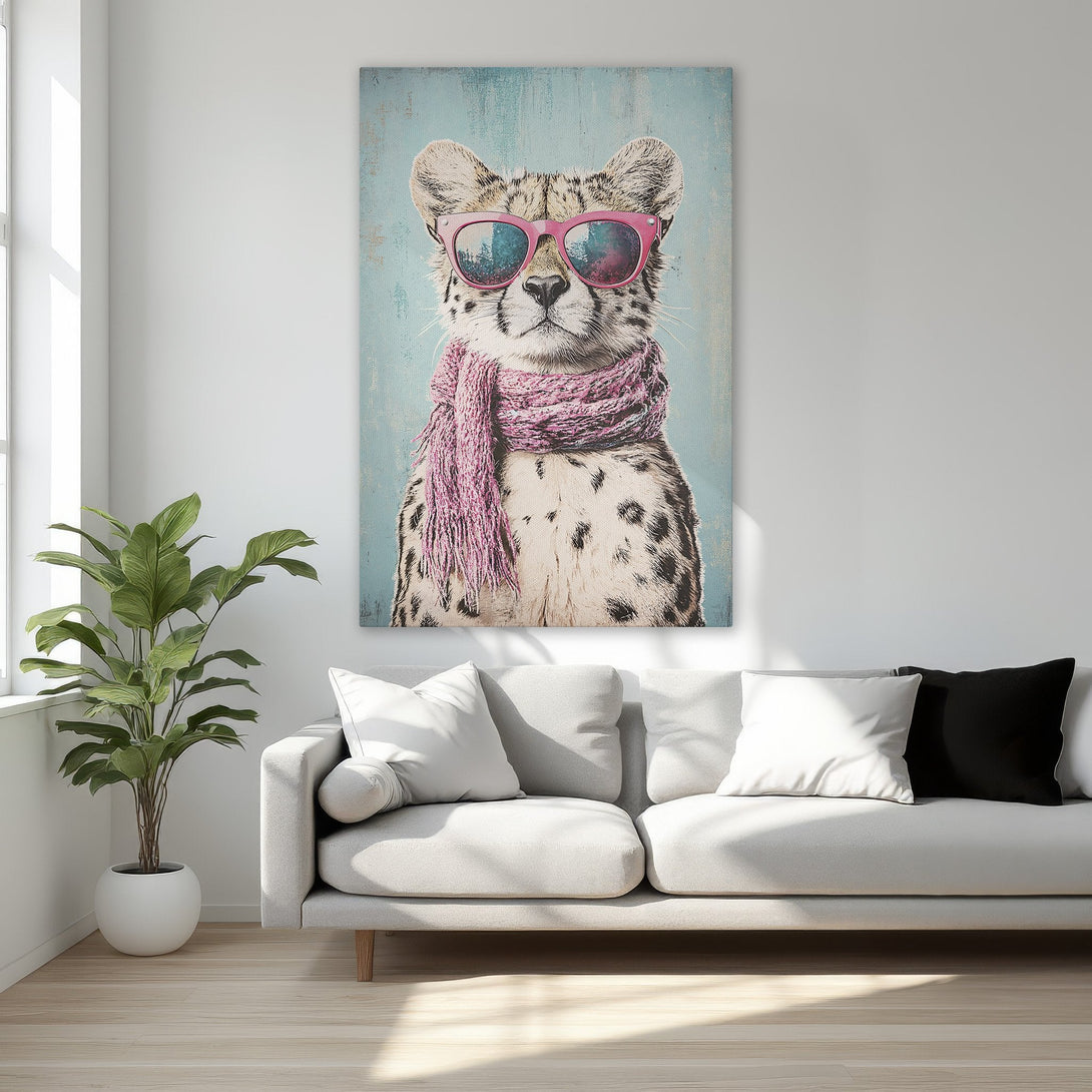 Framed Wall Art: Cool cheetah portrait wearing sunglasses & a pink scarf. Modern, playful art with a blue, pink, and gold color palette. Perfect for home decor.