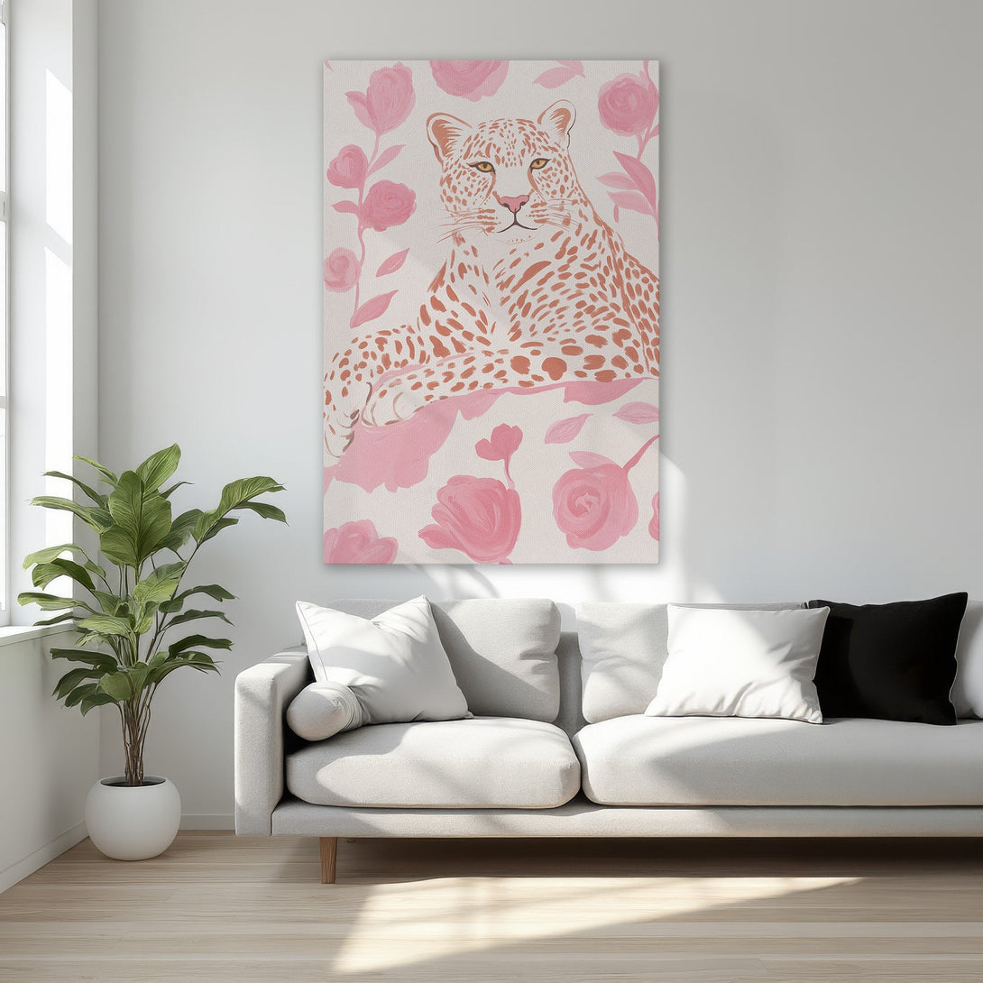 Framed Wall Art featuring a leopard with pink floral accents. Modern, stylish Canvas Print in a soft pink and neutral color palette, perfect for bedroom decor.