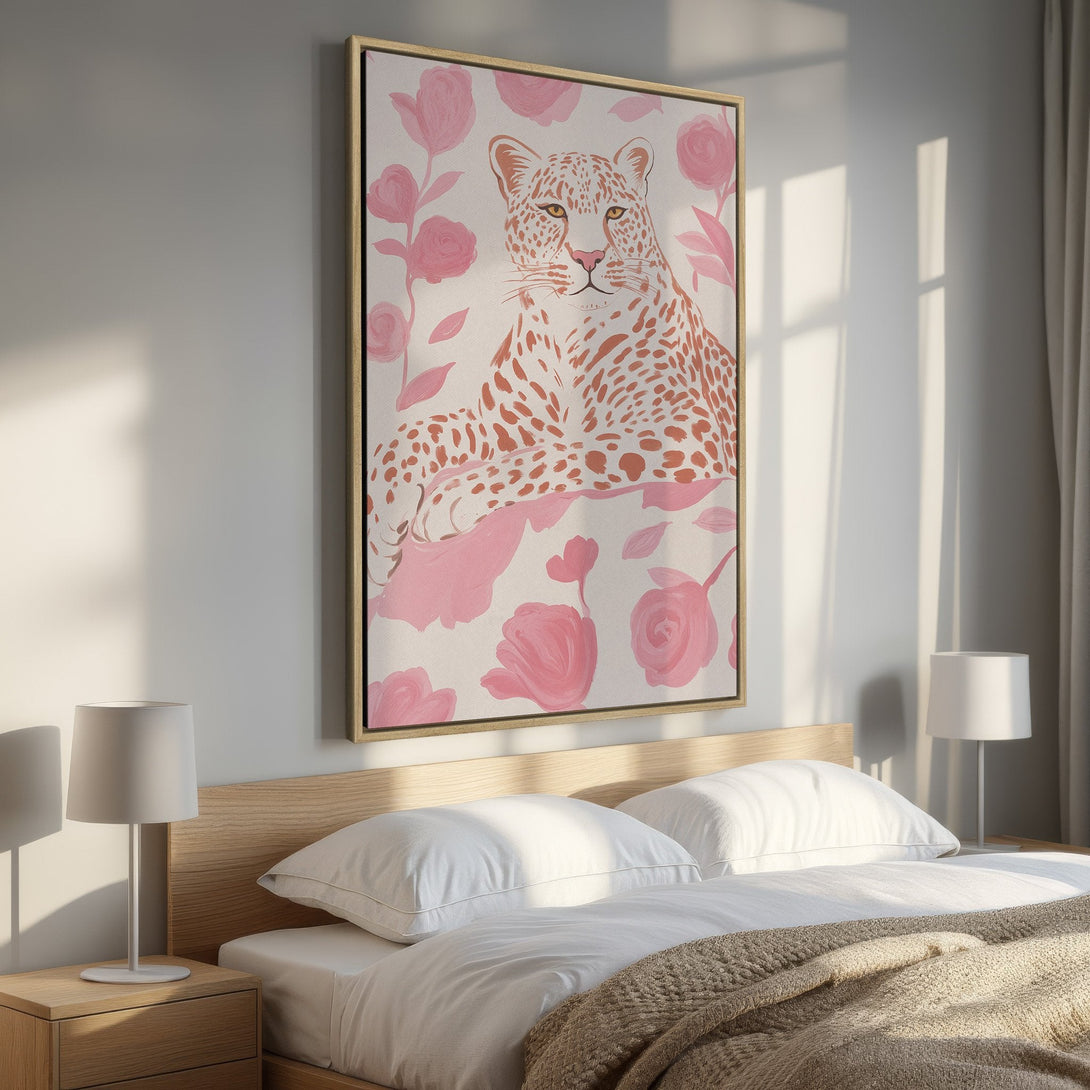 Framed Wall Art: Leopard print canvas in a bedroom. Pink and peach floral art with a neutral color palette. Modern wall decor for a stylish interior.