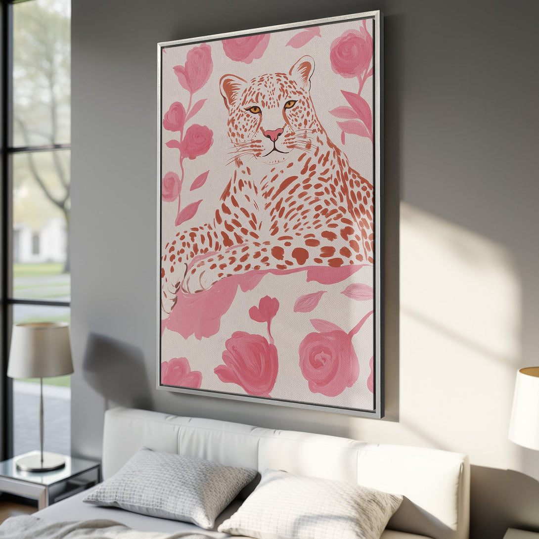 Framed Wall Art: Leopard Canvas Print in pink floral design, perfect for bedroom decor. Features a stylish, modern aesthetic with a warm color palette.