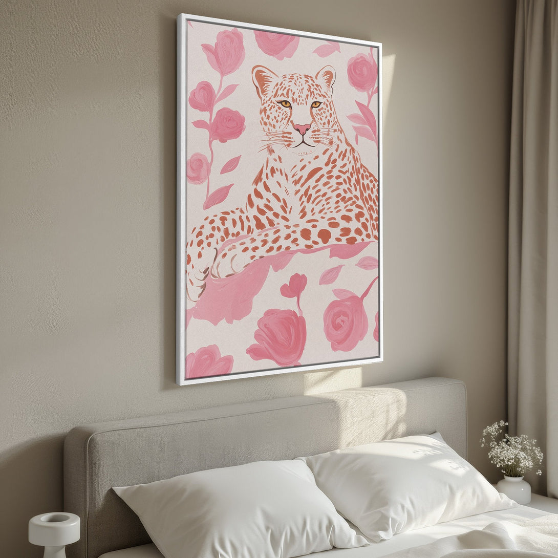 Framed Wall Art featuring a leopard and pink roses, perfect for bedroom decor. Modern art with a warm, neutral and pink color palette.