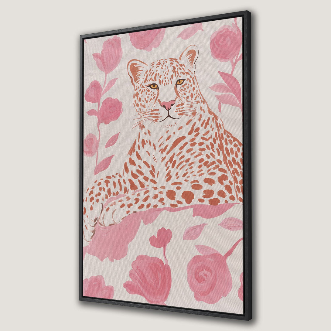 Framed Wall Art: Leopard print canvas with pink floral accents. Modern, stylish wall decor in a soft pink and neutral color palette. Perfect for any room!